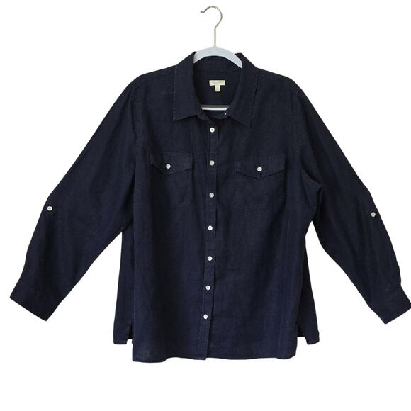 Talbots Womens Sz 2X 100% Linen Navy Blue Roll Tab Sleeve Pocket Button-Up Top - Picture 1 of 10